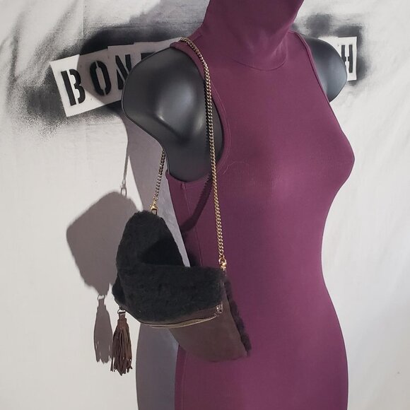 Dark Brown Leather and Sherpa Purse with Chain Strap -shipping incl - Picture 2 of 16